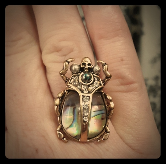 Artisan Jewelry - New Abalone Shell Beetle Scarab Skull Brass Ring.